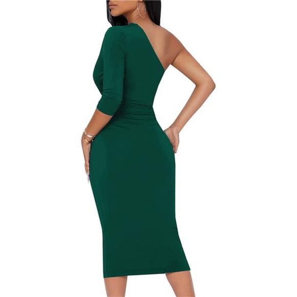 HOT One Shoulder 3/4 Sleeve Cocktail Party Ruched Midi Dress - New Green - Picture 4 of 6